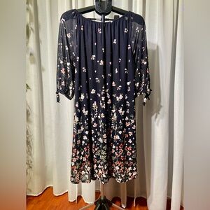 Siren Lily Navy Floral Midi Dress Sheer Bell Sleeve Swing Beachy Womens Size L